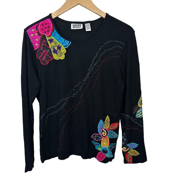 Vintage Chico's Design Top Silk Floral Embroidered Beaded Women's Size 1 Medium - Picture 1 of 7